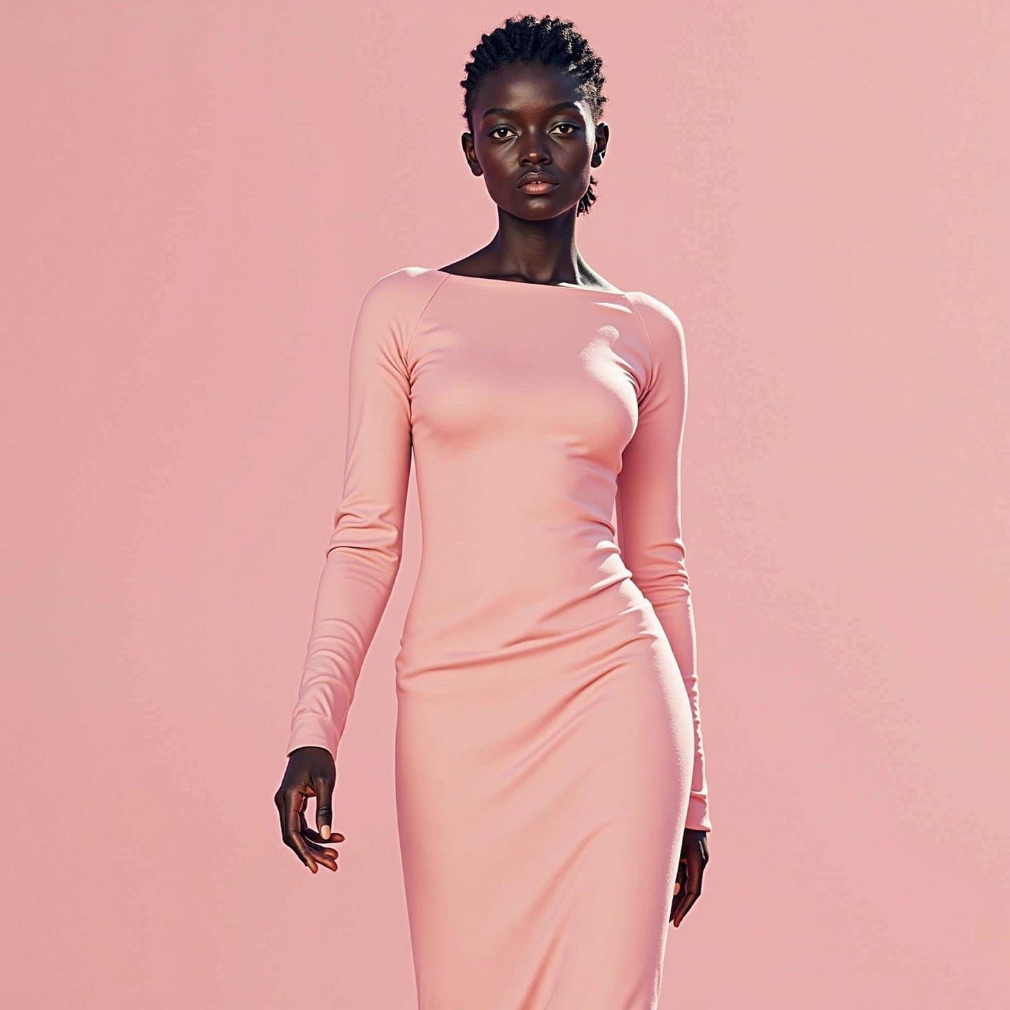 Woman with very dark skin and short braided hair is shown from the front, wearing a long sleeved, form-fitting, light pink dress