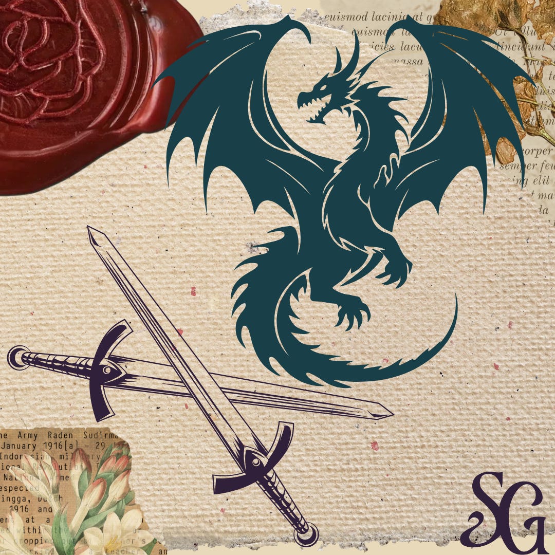 A picture with a dragon and two crossed swords A picture with a dragon and two crossed swords