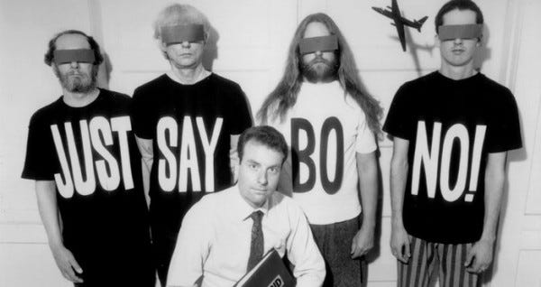 The members of Negativland pose for a promo photo with their attorney.