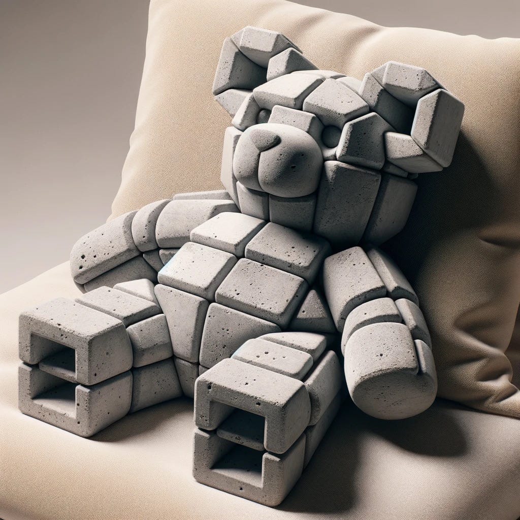 Brutalist concrete teddy bear relaxing against a cushion