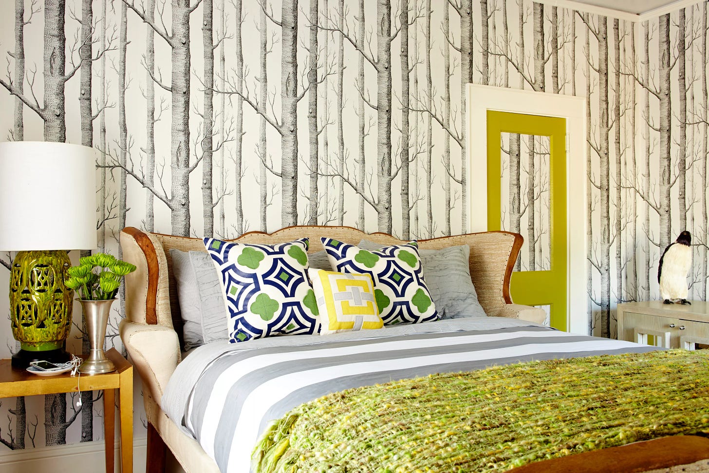 bedroom with woods wallpaper
