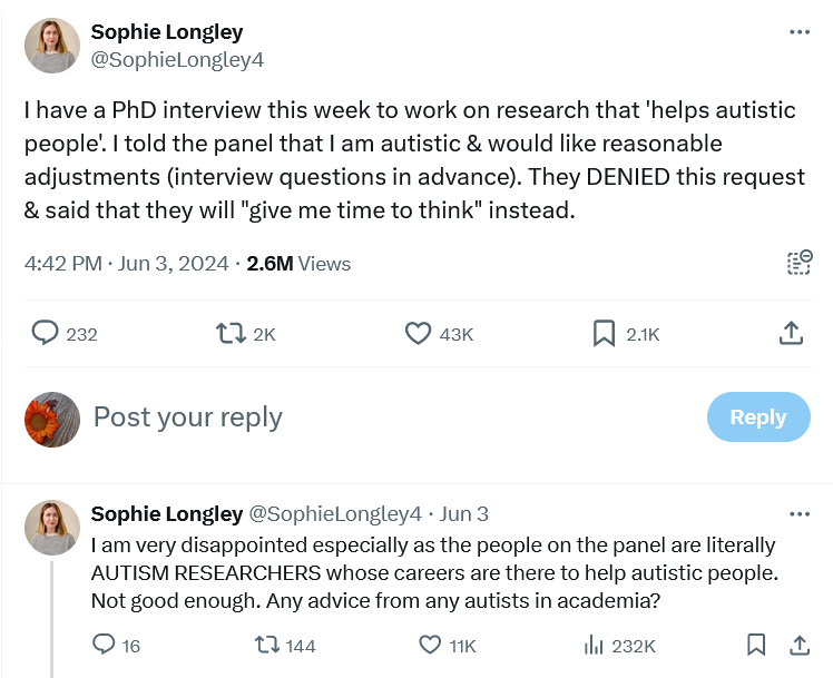 Tweet from a PhD applicant requesting interview questions in advance and getting denied by a panel of autism researchers.