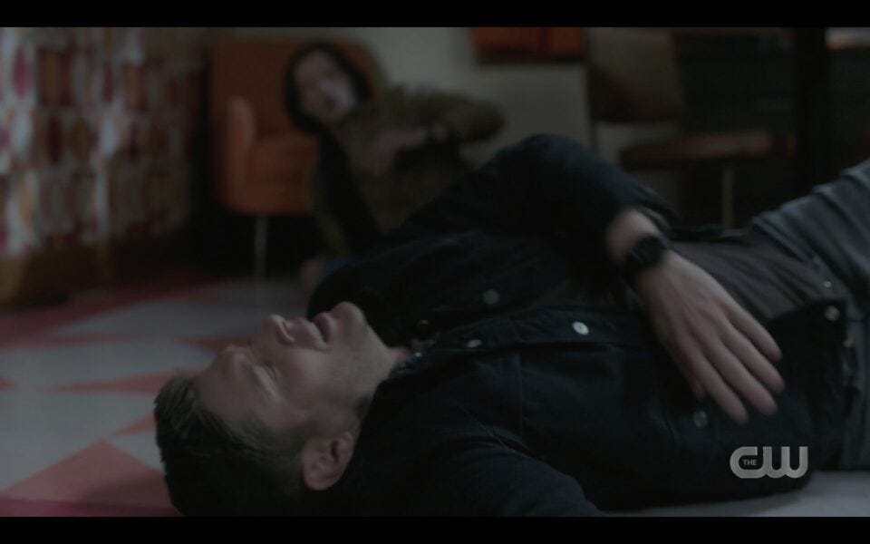 Dean Winchester recovering on motel room floor with Caitlin SPN 1516