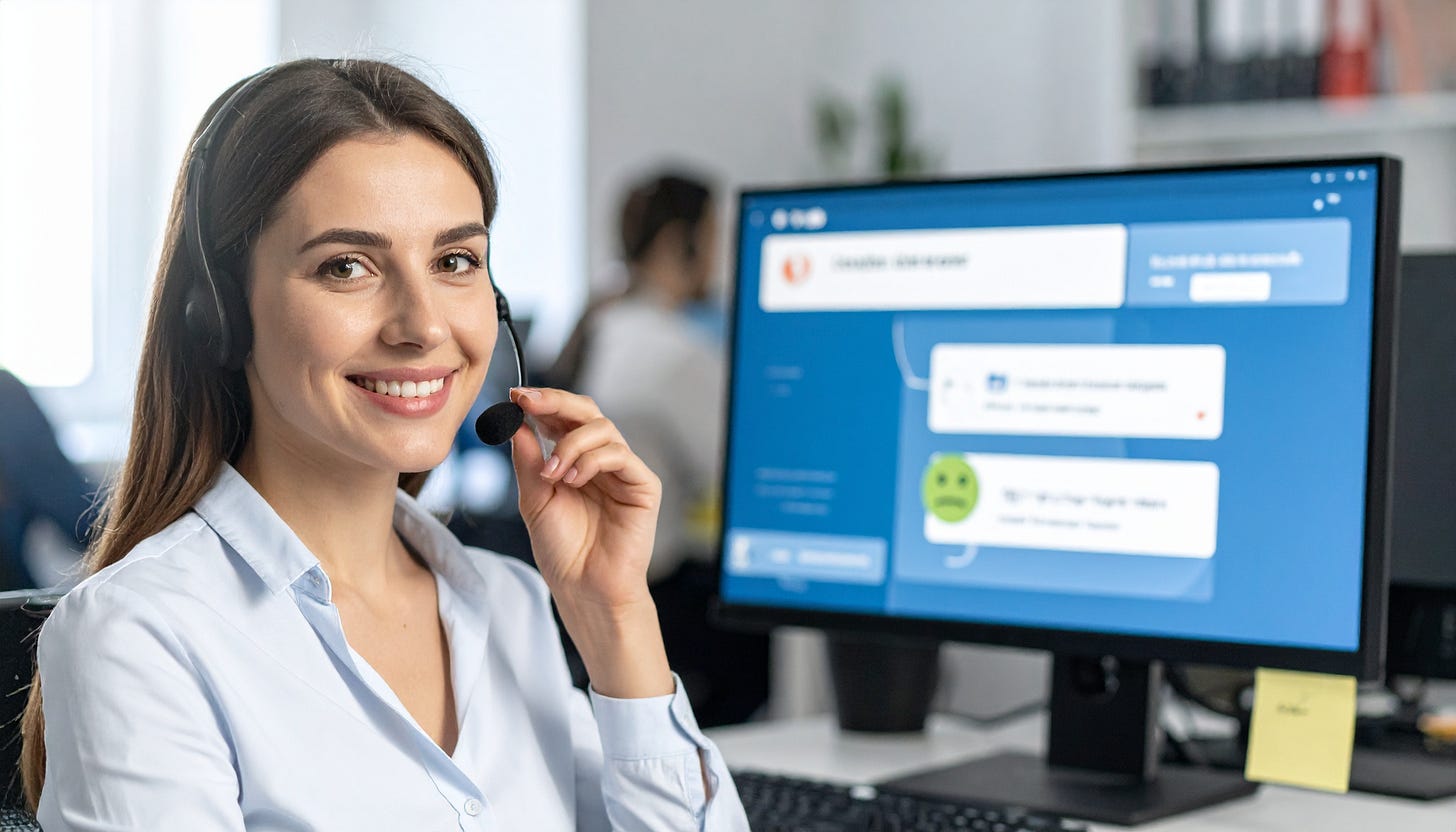 A smiling woman with a headset sits in front of a computer screen, likely a customer service representative