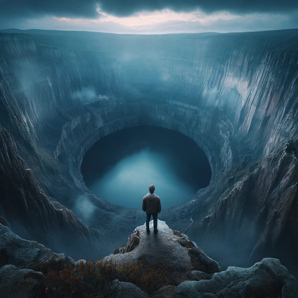 Visualize a lone person standing at the edge of a vast abyss, staring into its depths where a mysterious lake lies. This scene captures the person in a moment of contemplation or awe, surrounded by the immense and untouched natural beauty. The abyss is grand and imposing, suggesting both fear and fascination, with the lake reflecting the eerie calm and depth of the chasm. The setting is remote and serene, highlighting the solitude of the person amidst the grandeur of nature. The image should evoke a sense of introspection, isolation, and the sublime, drawing the viewer into the contemplative mood of the figure.