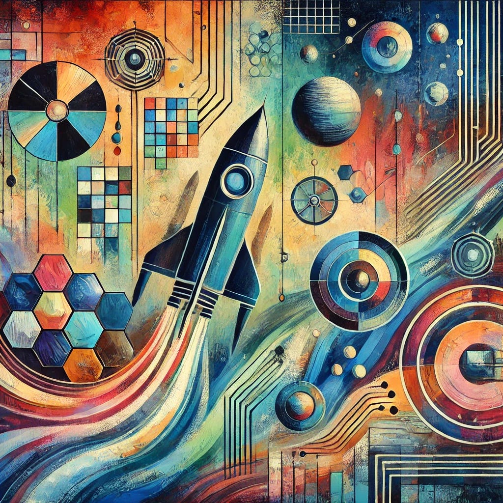 An abstract painting inspired by Silicon Valley's role as a driver of technological progress, featuring themes of innovation, space exploration, and artificial intelligence. Use bold, geometric shapes and vibrant, high-tech colors like electric blue, neon green, and digital pink. Incorporate abstract forms suggesting rockets, circuitry, neural networks, and planetary orbits. Layer visible brushstrokes and textured fields to evoke a sense of rapid evolution and forward motion. The composition should feel energetic and visionary, with a balance of warm and cool tones and a decorative, two-dimensional appearance.