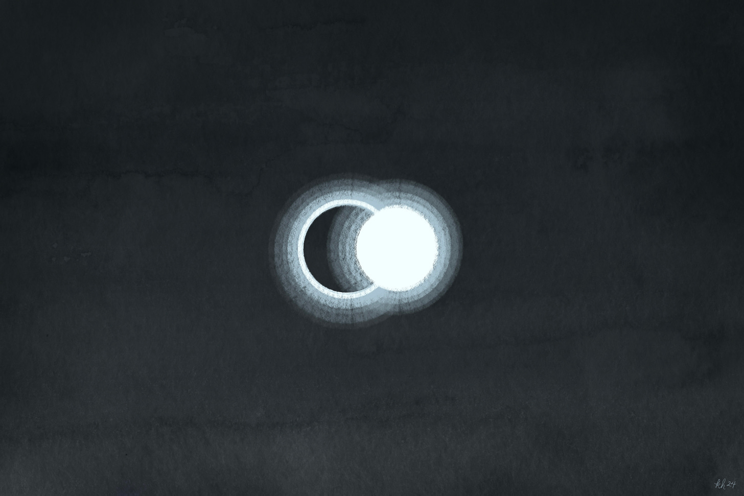 Abstract rendering of a total eclipse in watercolor and pastels. The sun and moon are overlapping circles, with concentric rings emanating from each.