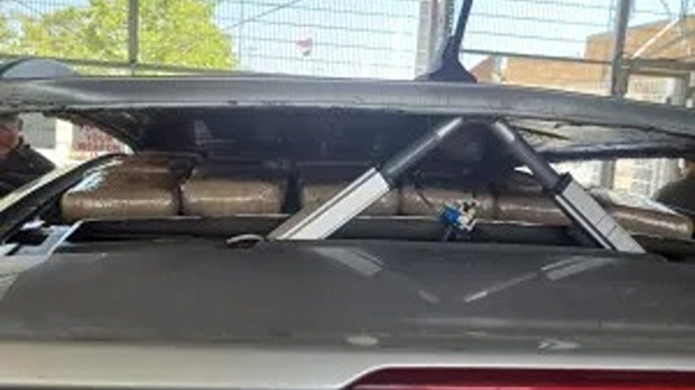 Drug smugglers went to elaborate lengths to hide a load of cocaine under the motorized roof panel of an SUV discovered on June 4, 2025. Drug smugglers went to elaborate lengths to hide a load of cocaine under the motorized roof panel of an SUV discovered on June 4, 2025.
