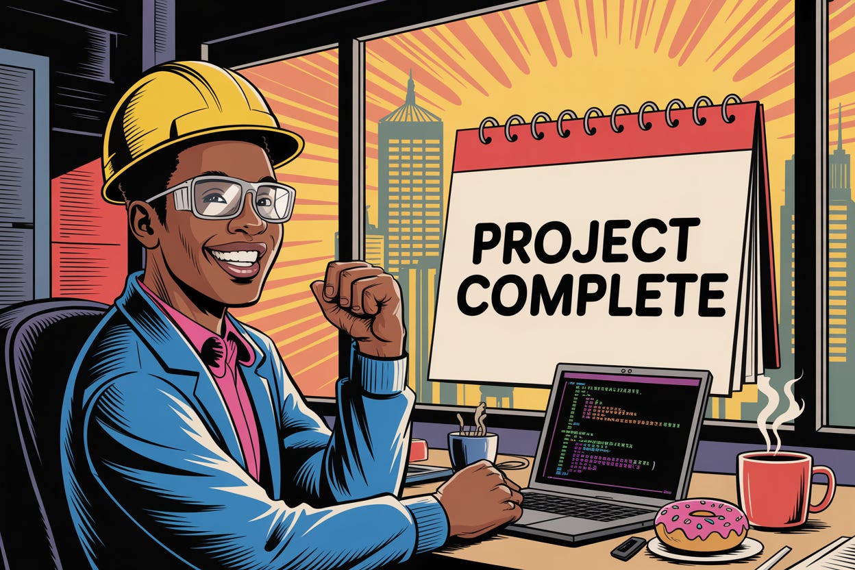 A vibrant comic book illustration depicts a smiling Black data engineer radiating confidence. Seated at a cluttered modern office desk, the engineer, sporting a bright yellow safety helmet and glasses, gazes with joy at a large calendar boldly displaying "PROJECT COMPLETE". A half-eaten donut and a steaming mug of coffee sit beside a sleek laptop displaying complex code, while vibrant, stylized sunlight streams through a window revealing distant skyscrapers, enhancing the feeling of accomplishment. Bold dark outlines and flat colors define the scene, establishing a 3:2 aspect ratio and a celebratory atmosphere.