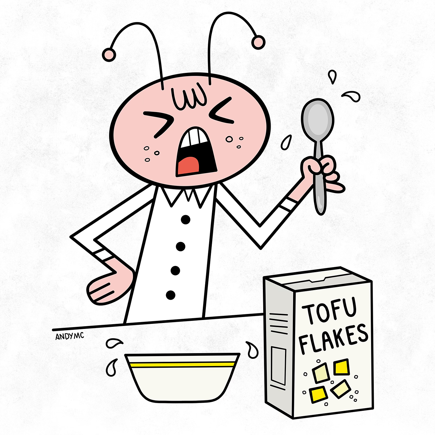 An illustration of an Ant eating a bowl of tofu flake cereal.