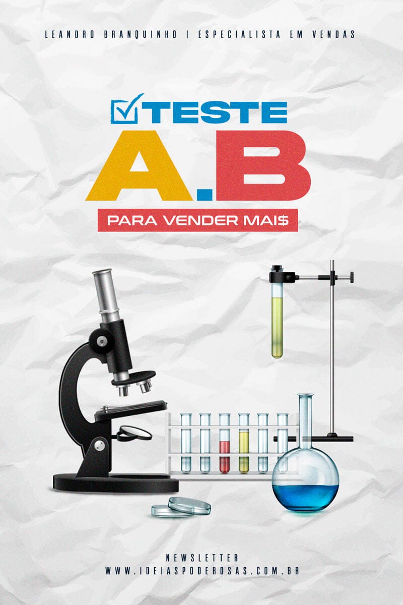 Edição da Newsletter do Especialista em Vendas Leandro Branquinho, logo feita nas cores amarelo, azul e vermelho, fundo da imagem com efeito de papel amassado, equipamentos de laboratórios como microscópio, tubos de ensaio, líquidos dentro dos tubos.