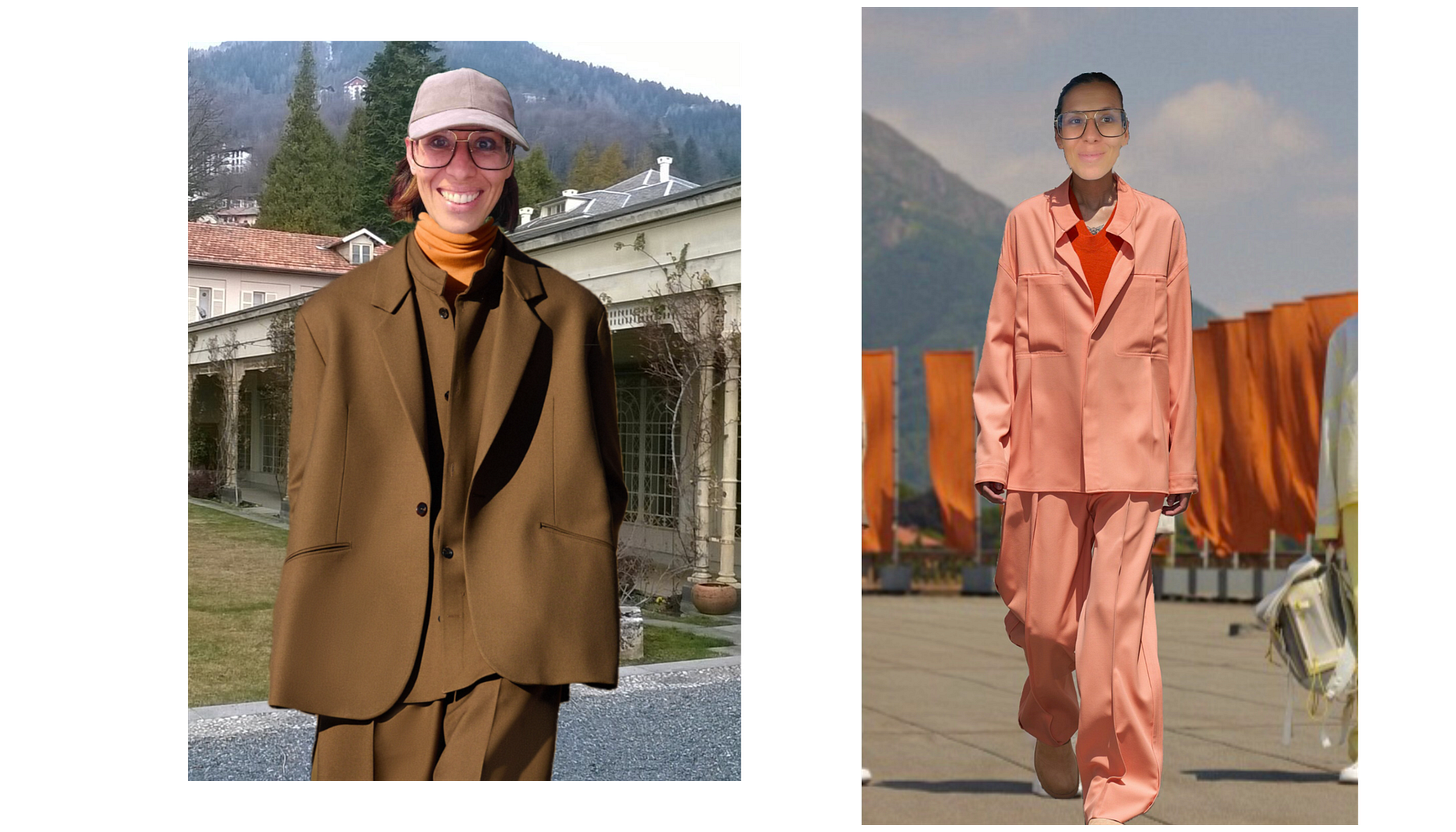 Two collages of me with a zegna collection outfit. On the left I'm wearing a tobacco oversize suit layered over a pumpkin orange turtleneck whith the Foundazione Zegna and the mountains behind me. On the right I am wearing a light summer coral flowy suit while I walk on the rooftop terrace at zegna factory with the mountsins and the distinctive company chimney as background