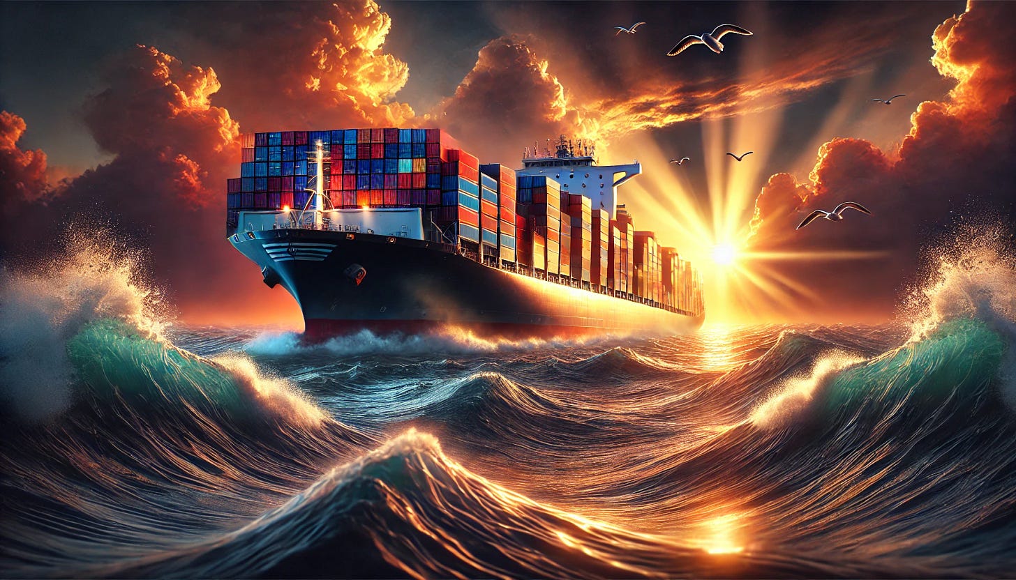 A breathtaking hyper-realistic digital painting of a massive containership sailing through a dramatic ocean sunset. The ship is loaded with colorful shipping containers stacked high, reflecting the golden hues of the sun. Waves crash against the hull, creating a sense of motion and power. The sky is a blend of deep oranges, purples, and blues, with seagulls soaring above. The scene is illuminated with cinematic lighting, enhancing the realism and depth. A true masterpiece of maritime art, evoking awe and admiration.
