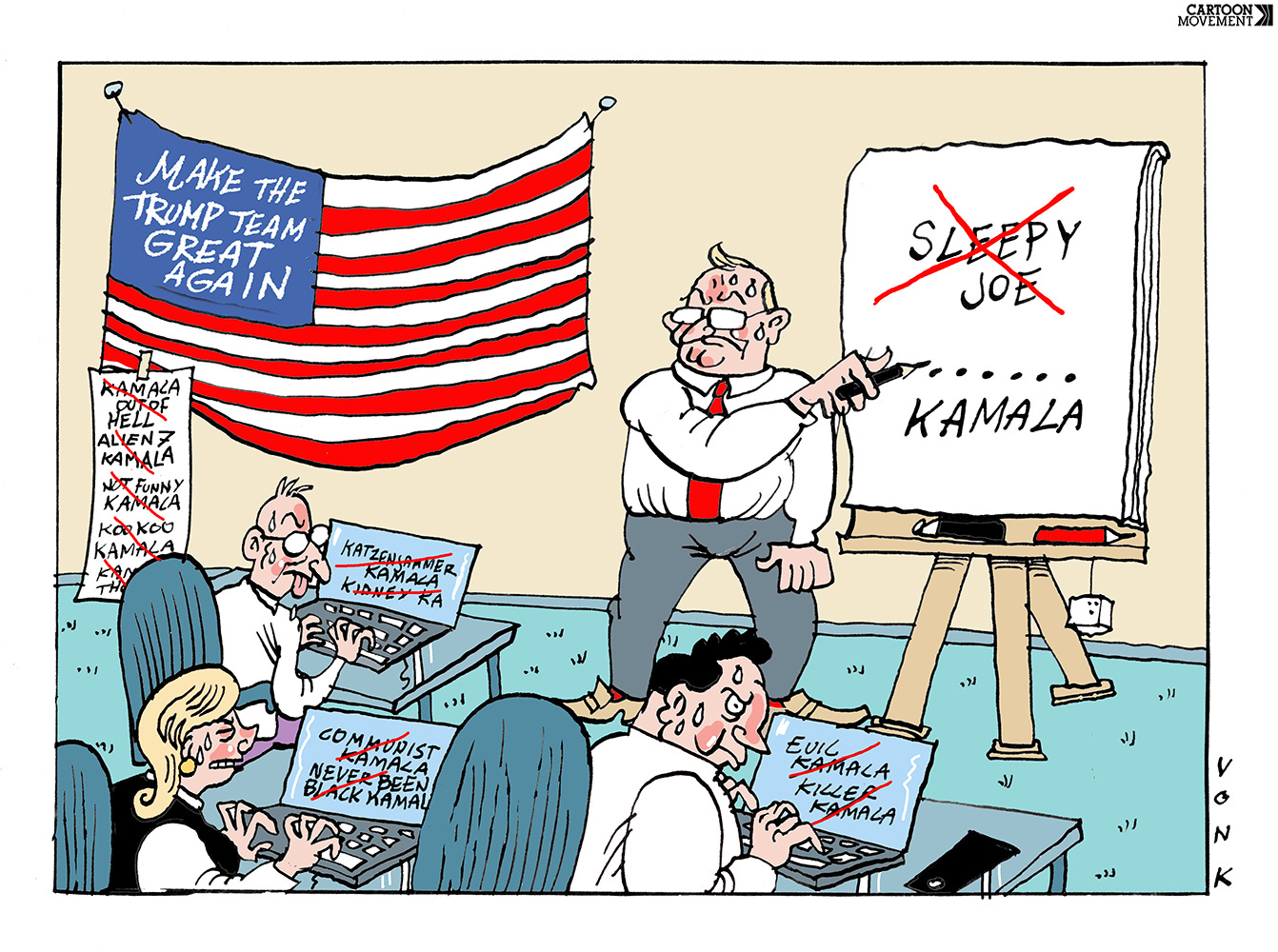 Cartoon showing the Trump campaign team desperately trying to come up with an effective nickname for Kamala Harris. People are sweating behind their laptops while a man in front of a blackboard is urging them on. On the laptop screens we see options for nicknames the have ben considered but discarded, such as 'Evil Kamala' and 'Koo Koo Kamala'.