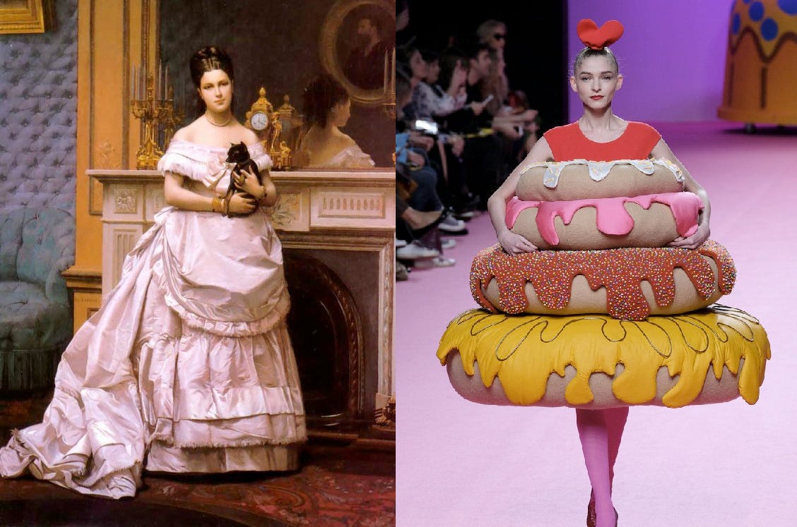 The left side of the image features a woman in an old-fashioned dress, and the right side features a woman in a contemporary donut-shaped dress.