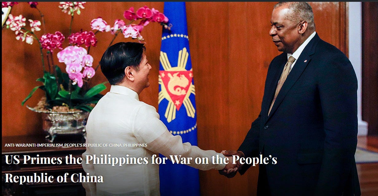 May be an image of 2 people, the Oval Office and text that says 'Û SREPUBLIC ANTI-WAR/ANTI-IMPERIALI PHIL US Primes the Philippines for War on the People's Republic of China'