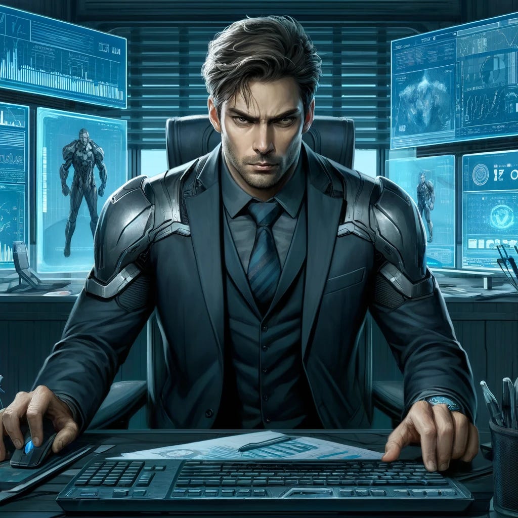 A digital painting of the same strong and fast manager character, now depicted sitting behind his computer in an office setting. He is wearing his modern business suit with subtle hints of armor. The office is sleek and futuristic, with high-tech gadgets and screens displaying various data and analytics. The manager is portrayed with a focused and intense expression, managing his tasks with efficiency. The color scheme is dominated by cool tones of blues and grays, with ambient lighting that highlights the advanced technology around him. Drawn with detailed digital brushwork to capture the textures of the environment and the character's attire.