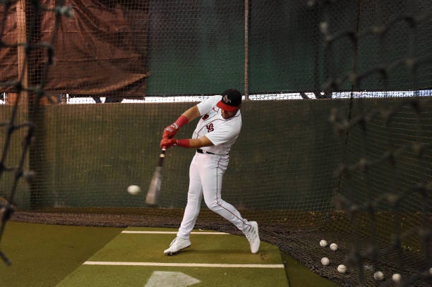 Niko Kavadas of the Scottsdale Scorpions takes batting practice prior to the game between the Surprise Saguaros and the Scottsdale Scorpions at...