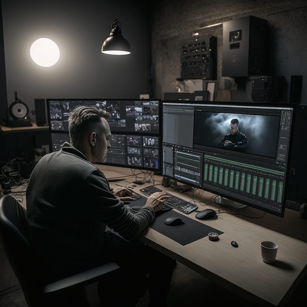 Man sitting in front of computer with multiple monitors creating content