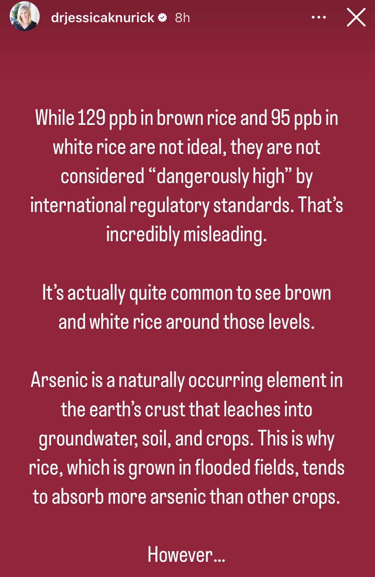 jessica knurick Instagram story - arsenic in rice