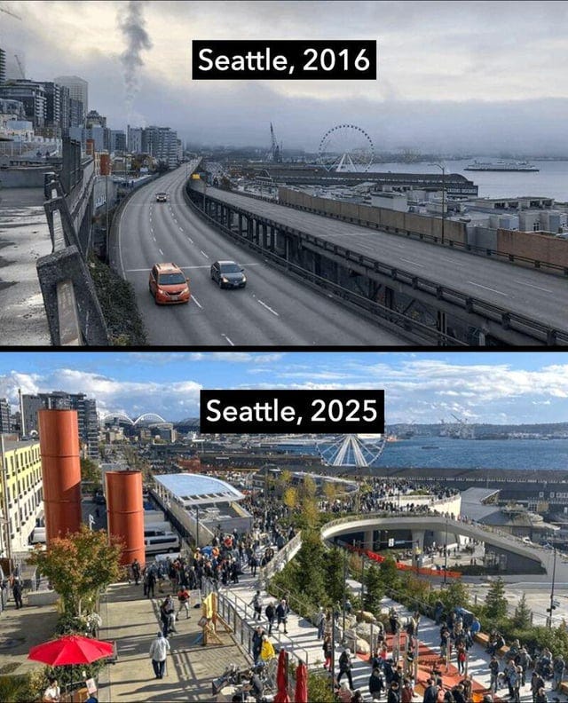 r/fuckcars - An inspiring before - after from the land that invented car dependency. If Seattle🇺🇸 can change, why can't your city?