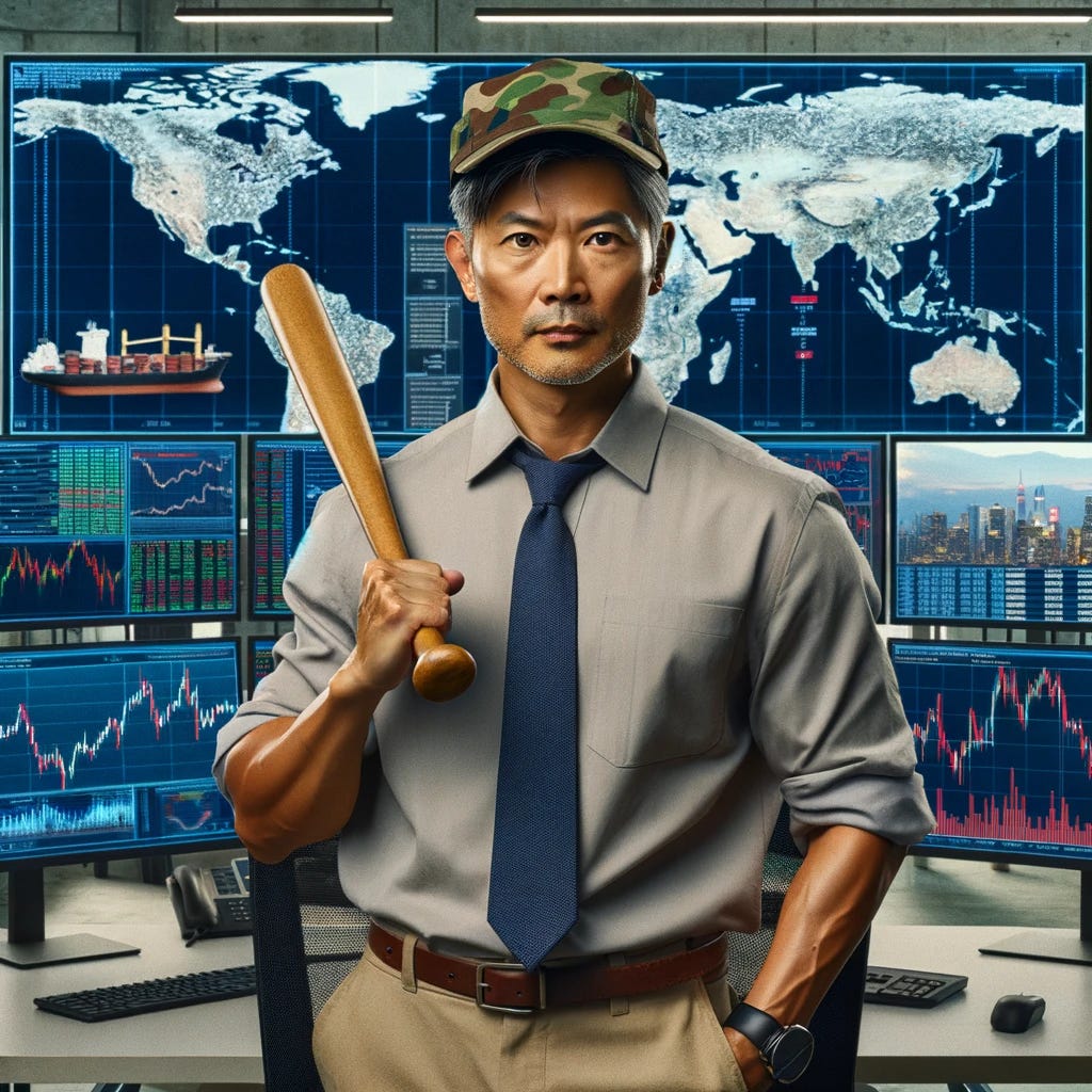 A middle-aged Asian man in a modern office, replacing the previous young, fit trader. He retains the tanned appearance and is similarly dressed in a mix of professional and casual attire. He wears an army hat and holds a baseball bat, blending military and financial themes. Surrounded by high-tech computer screens displaying global financial data and geopolitical maps, one screen shows a busy shipping port scene, while others display international stock market charts. The office setting is sophisticated, with state-of-the-art technology, embodying a dynamic financial environment.