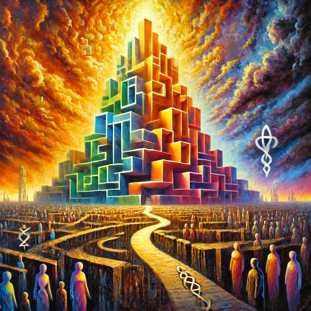 A vibrant and symbolic oil painting, featuring a towering, labyrinthine structure representing modern medicine. The structure is composed of colorful, geometric segments, symbolizing progress and advancements such as sanitation and nutrition. Below the structure, a darker, chaotic foundation symbolizes unresolved issues and controversies. Surrounding the tower are ethereal figures of light and shadow, representing forces shaping public health: progress, profit, and dissent. The scene is set against a dramatic sky, blending warm, hopeful hues with ominous dark clouds, suggesting a complex narrative. Rich, expressive brushstrokes bring the composition to life, with bold contrasts and intricate details.