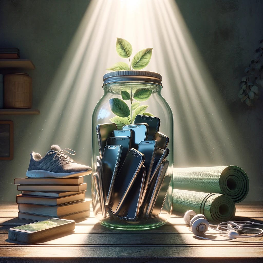 An illustrative image that captures the essence of reducing smartphone usage for a healthier lifestyle. In the center, a clear glass jar sits on a wooden table, inside which several smartphones are stacked neatly, symbolizing a conscious choice to disconnect. Above the jar, a serene and soft light glows, casting a gentle shadow and creating a warm, inviting atmosphere. Surrounding the jar, elements of a balanced life are subtly integrated: a pair of running shoes, a yoga mat rolled up, a stack of books, and a small, leafy plant. These items represent alternative activities and interests that can enrich one's life beyond the digital screen. The setting is calm and peaceful, encouraging viewers to contemplate the benefits of spending less time on their devices and more time engaging in physical, intellectual, or relaxation activities. The overall image conveys a message of moderation, mindfulness, and the value of embracing moments away from technology.
