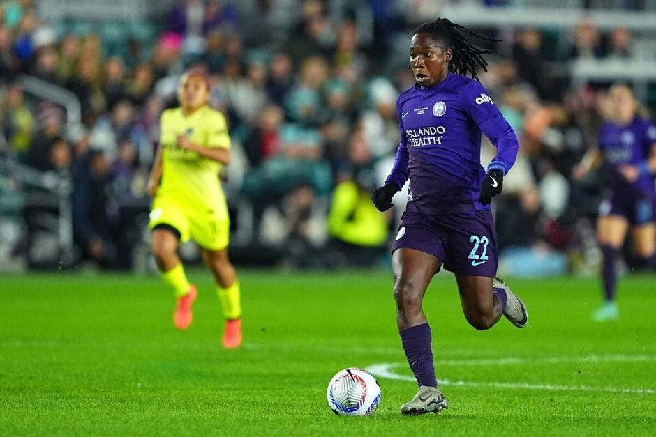 Barbra Banda of the Orlando Pride controls the ball during a game against Washington Spirit