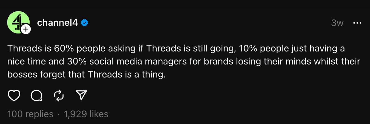 Screenshot of a Threads post by Channel4