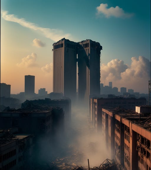 Pose-apocalyptic cityscape with two skyscrapers standing almost unscathed amidst the destruction.