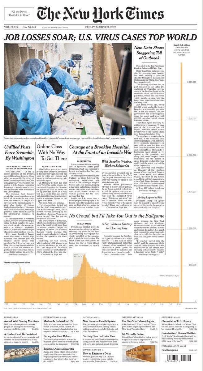image of New York Times front page for March 27, 2020, with weekly unemployment bar graph for 2000 through 2020 at bottom of page. The bar for the week of March 15-21 extends up entire right side of page, nearly to headline.