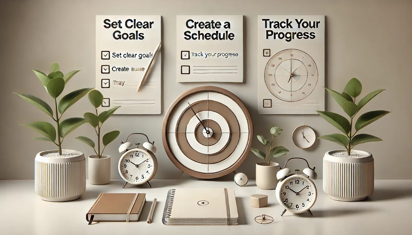 Checklist of tips for consistent learning, including goal setting, scheduling, progress tracking, and patience.