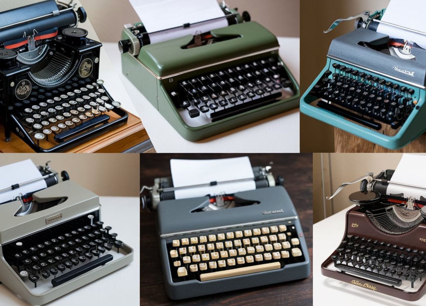 Collage of six old typewriters