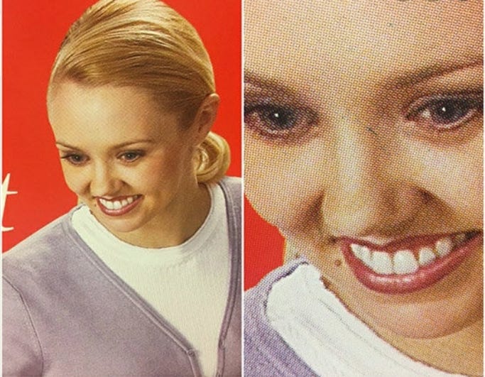 Woman's face with fake-looking smile; when zoomed in, she looks incredulous