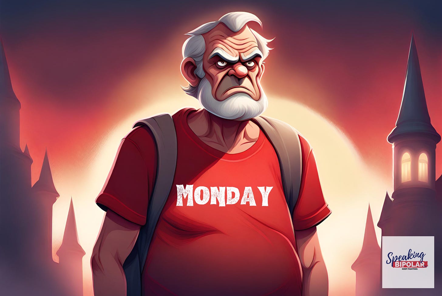 Illustration of a grumpy man wearing a T-shirt with the word Monday printed on it
