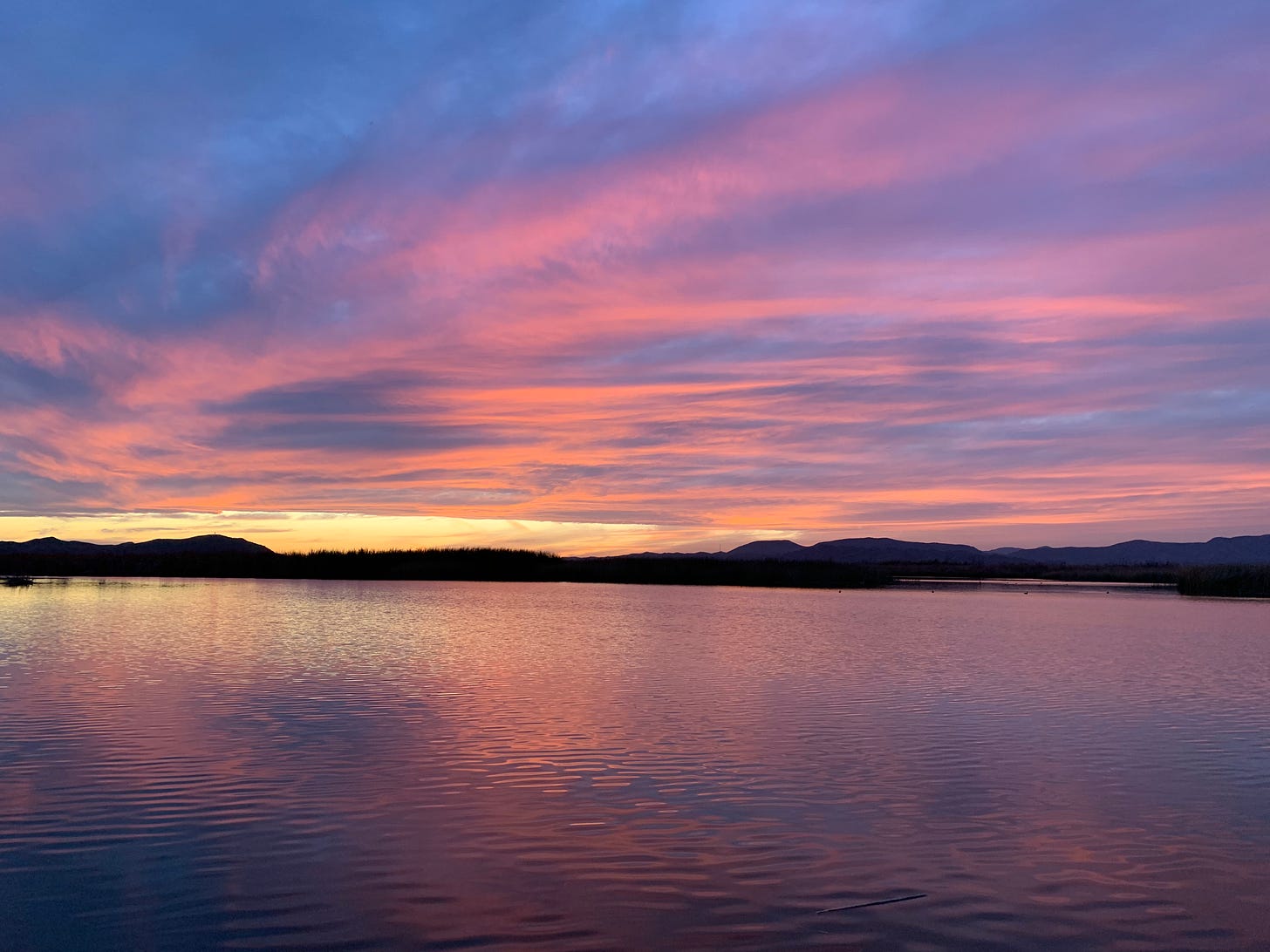 A sunset over a lake, with cloudy skies and a hue of purple, pink and blue