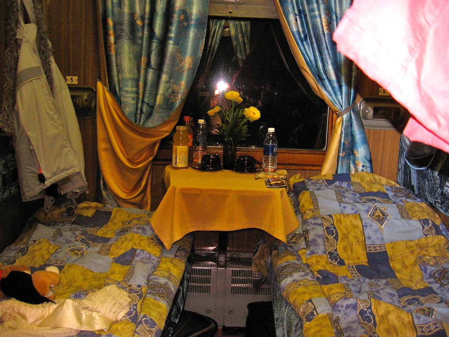 Sleeping compartment on Trans Siberian Express railway.