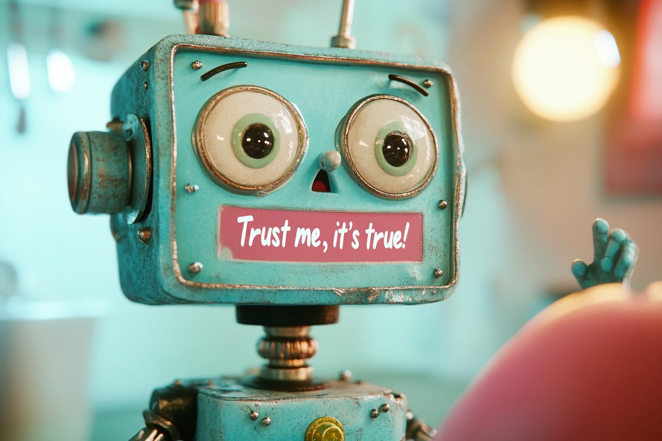 cute robot telling a person "Trust me, it's true!"