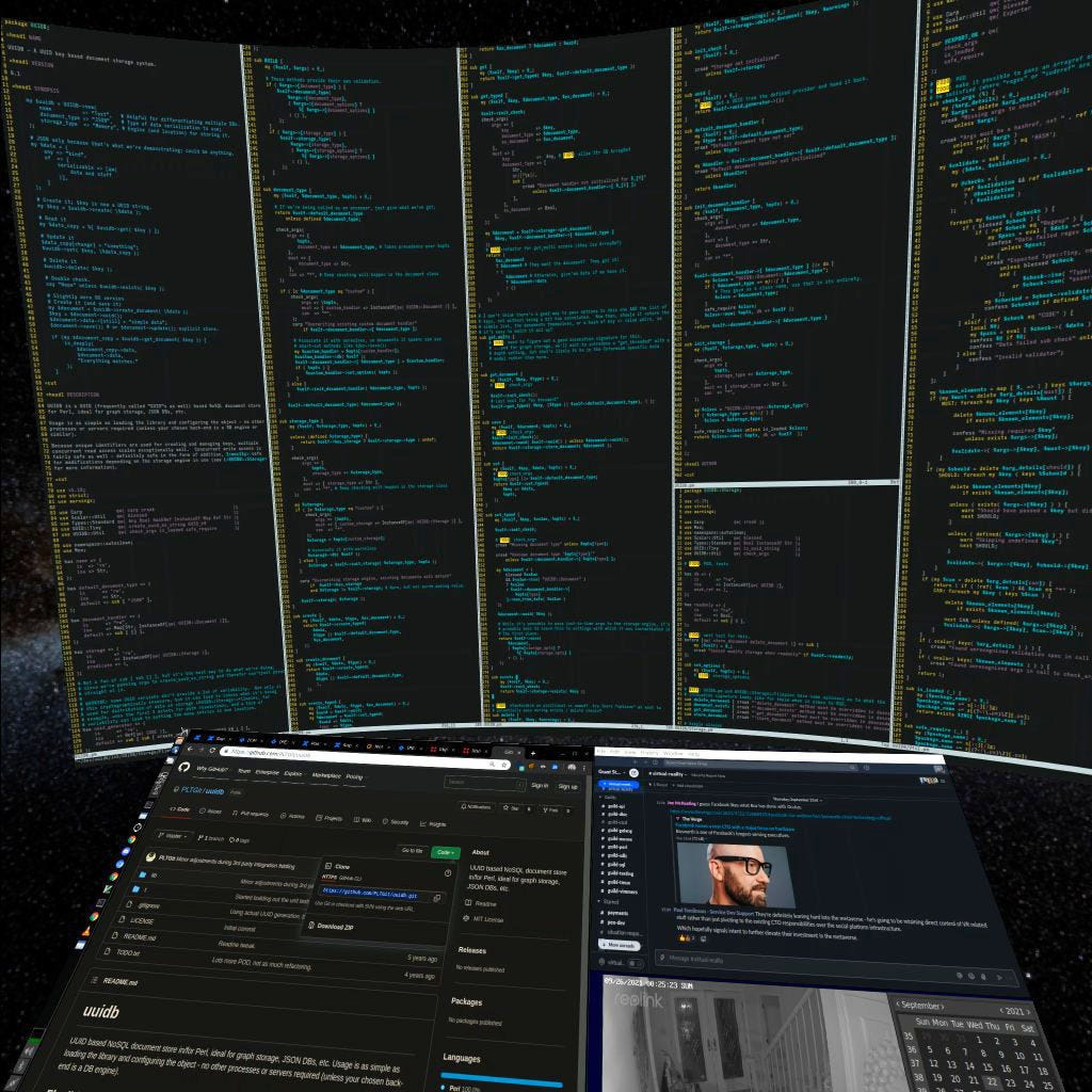 A large screen is divided into 5 columns filled with syntax-highlighted code. A smaller screen in front shows a browser, Slack, calendar, and security camera footage.