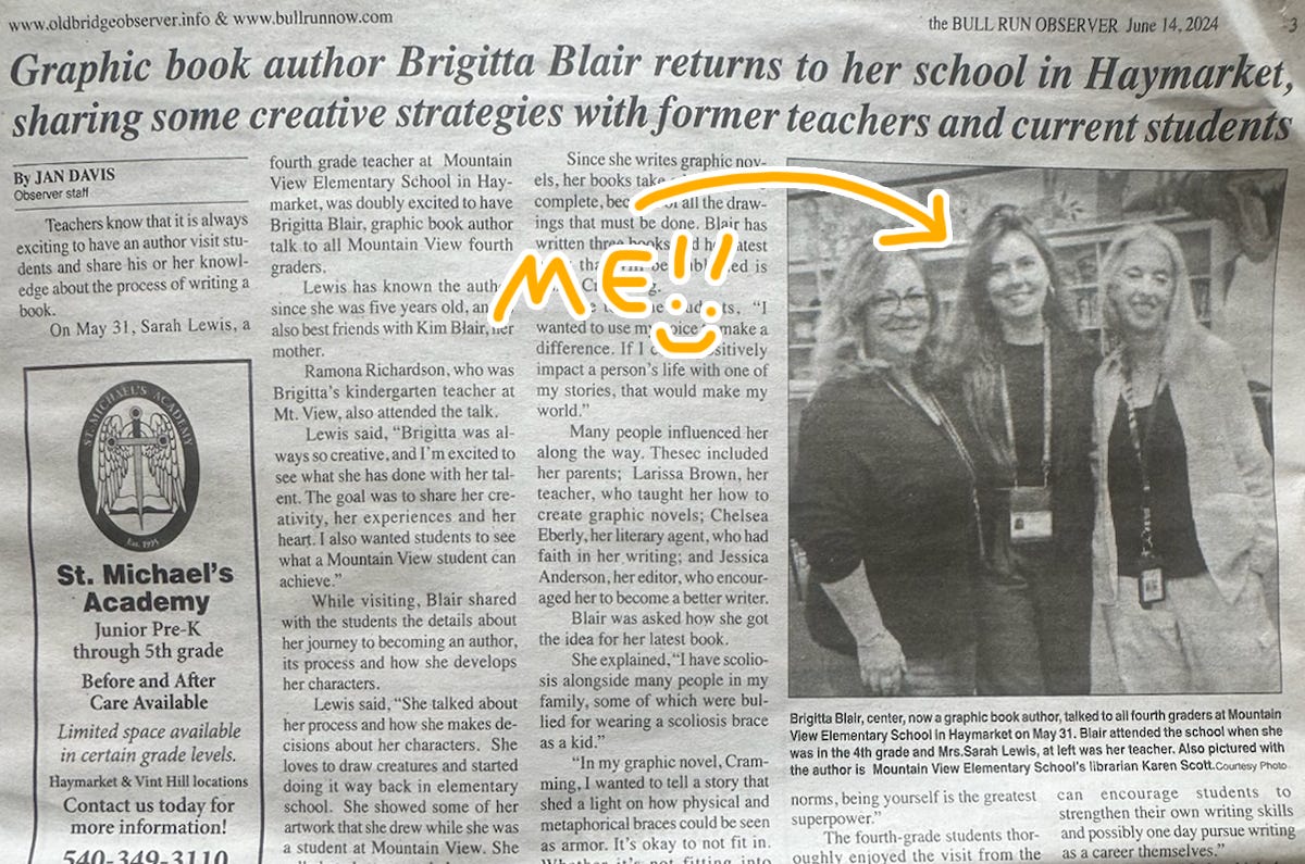 A newspaper featuring Brigitta Blair, a graphic novelist.