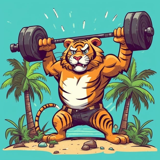 A cartoon tiger lifting a barbell on a beach generative ai
