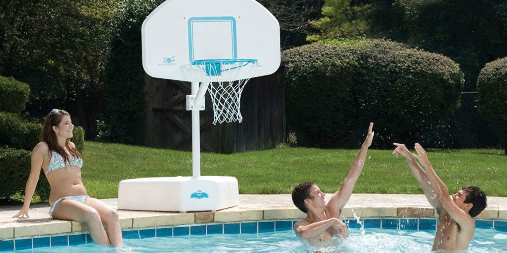 pool bastketball with girl and two boys playing