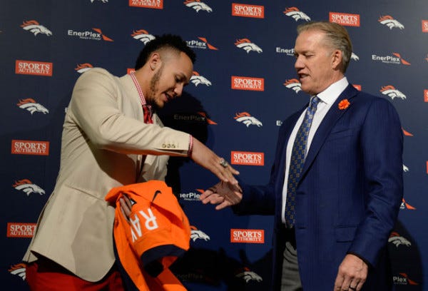 shane ray hand jobbing john elway for nfl draft pick denver 2015