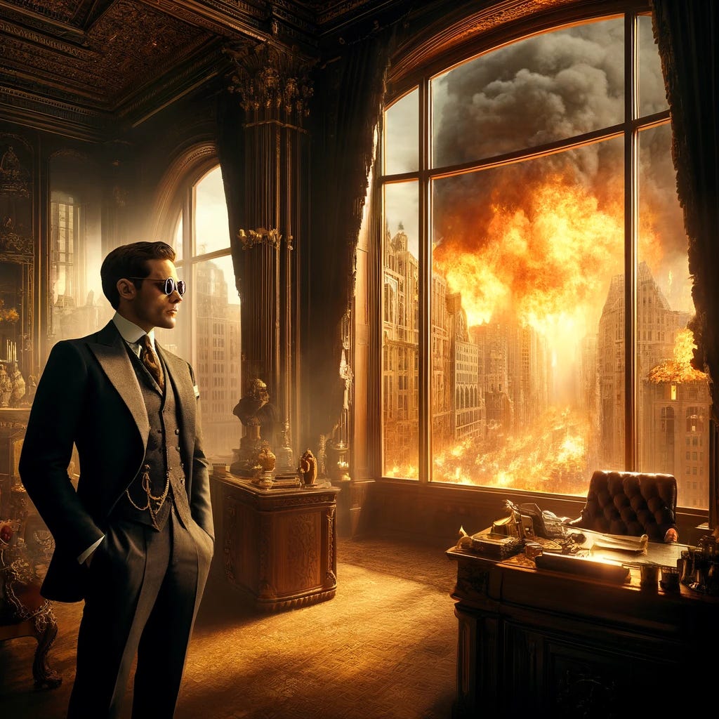 In a sumptuously decorated Gilded Age office, an alpha male stands by a large window, exuding a calm and composed demeanor despite the dramatic scene outside. The city below is engulfed in an intense inferno, with massive flames leaping from buildings and thick smoke darkening the sky. Despite this fiery chaos, the figure remains a bastion of tranquility. He is dressed in an impeccably tailored suit from the late 19th century and wears modern sunglasses, symbolizing his ability to face adversity with unwavering poise. The interior of the office is luxurious, with antique furniture and ornate decorations, starkly contrasting the fiery tumult outside, underscoring his detachment and control in the face of extreme circumstances.