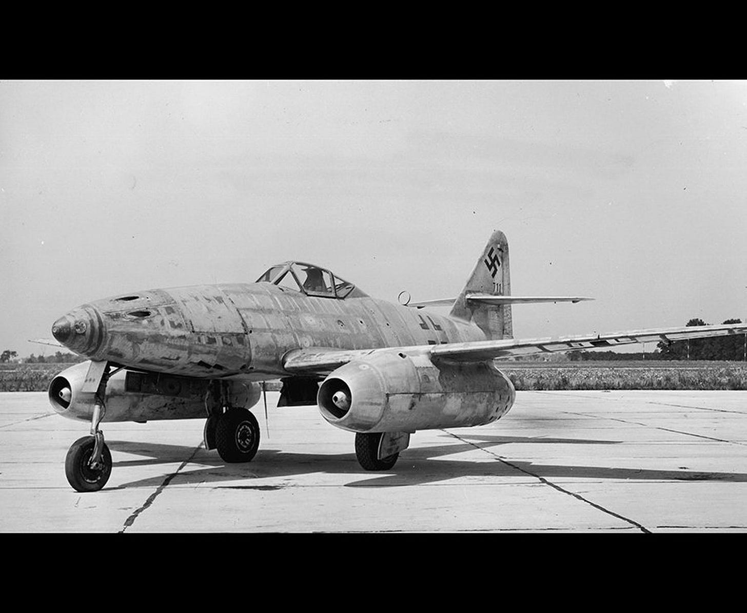 A captured Messerschmitt 262A-I sits on the runway of Wright Field in Ohio, where many of the captured scientists were based