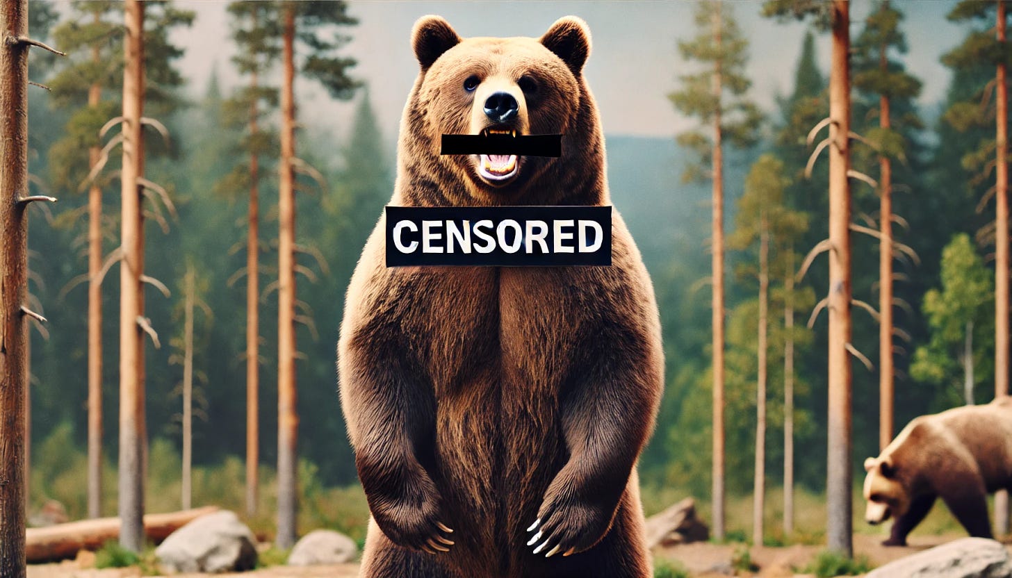 A grizzly bear standing on its hind legs, appearing to be swearing with an angry expression, but the words coming out of its mouth are censored with black bars. The background is a forest scene. The bear has a realistic look, with detailed fur and a fierce stance. Aspect ratio 5:3.