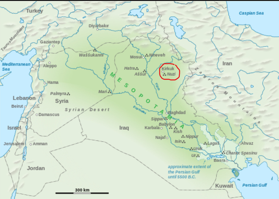 Map of Mesopotamia showing the Tigris River and Kirkuk and Nuzi encircled