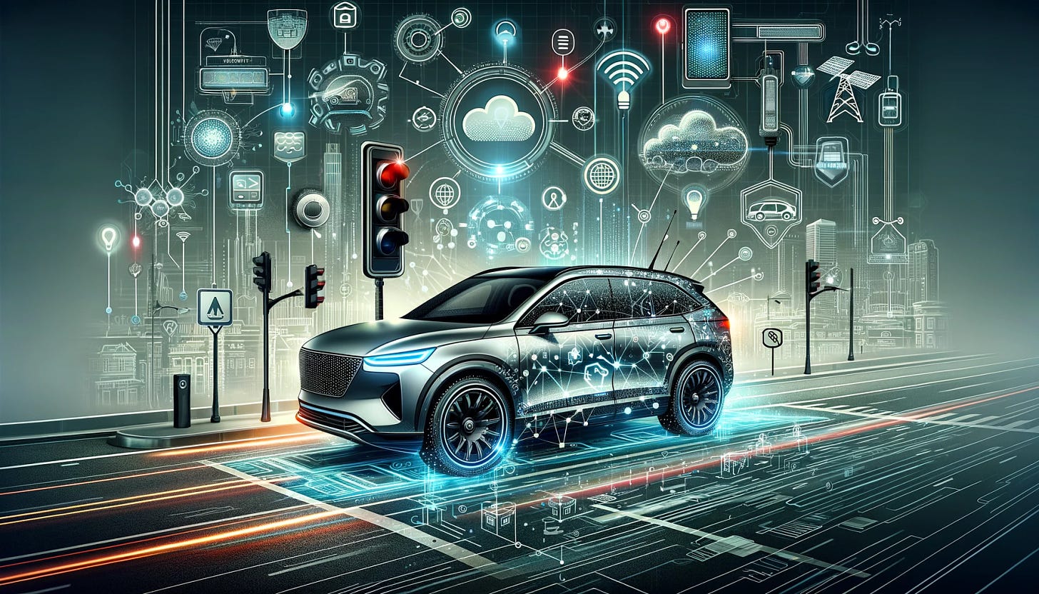 A sophisticated illustration showcasing the concept of data harvesting by automotive OEMs. The image should feature a high-tech vehicle, adorned with digital motifs and icons that represent data collection, such as sensors, cloud symbols, and data flow lines. Surrounding the vehicle, a network of connected devices and infrastructure, like traffic lights, road sensors, and GPS satellites, should be depicted, symbolizing the extensive data network involved in modern automotive data collection. The background can include a cityscape or highway setting with subtle digital overlays, emphasizing the blend of real-world automotive environments with the digital realm of data harvesting. The overall color scheme should be futuristic, with a mix of metallic shades and digital neon accents.
