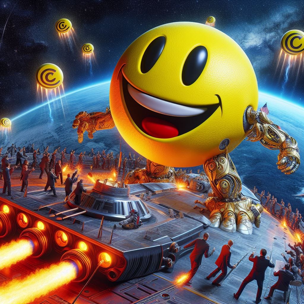 a yellow smiley face alien in a huge spaceship is fighting in the copyright space battles with ai corporations and lawyers.